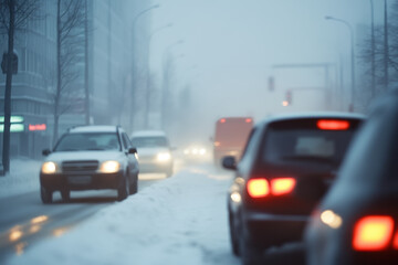 Low angle photo of traffic in winter with blurred lights