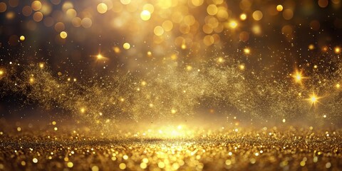 Shimmering gold dust particles suspended in mid-air against a bright and shiny background, golden shimmer