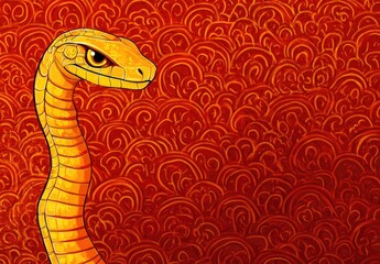 Fototapeta premium Vibrant illustration of a golden snake against a swirling red backdrop with intricate patterns