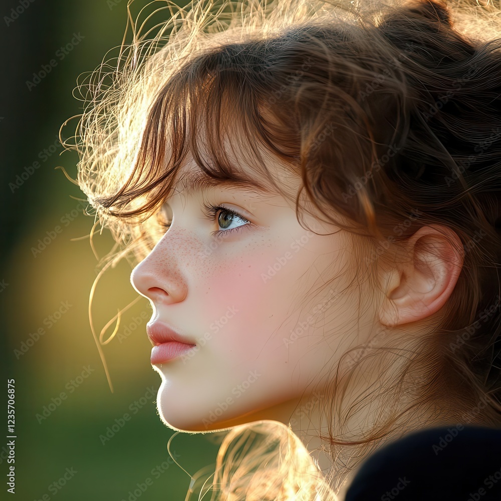 Poster a backlit profile shot with a golden glow radiating from behind, creating a contemplative and warm a