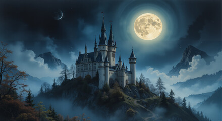 palace on a hill at night with a full moon