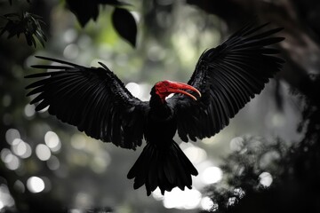 Endangered Southern Ground Hornbill soaring in natural habitat among lush greenery, Endangered Southern Ground Hornbill in Natural Environment