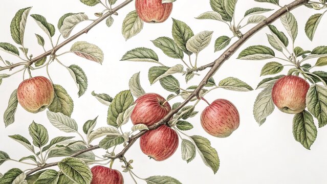AI sketch of panoramic apple bough, white background.