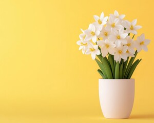 Close-up of fresh spring flowers elegantly arranged in a neat bundle, pastel yellow surface creating a cozy contrast.