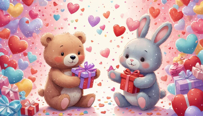 Obraz premium Adorable teddy bear and bunny rabbit exchanging gifts amidst a shower of hearts and confetti for Valentine's Day.