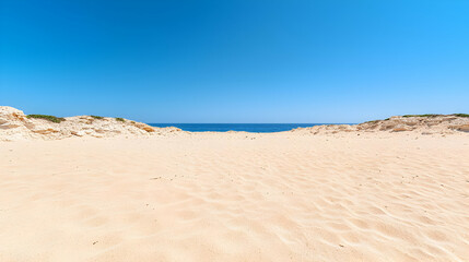 Sandy beach path to ocean under blue sky