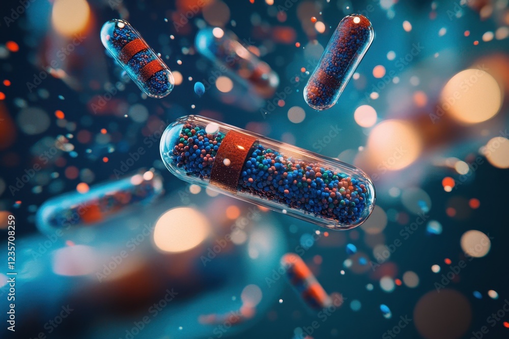 Poster exploring the connection between medication and dna strands in a vibrant scientific visualization, p