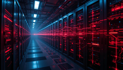 Cybersecurity and Data Protection: Server Room Concept, Big Data and Information Technology, Network Technology and Data Flow Visualization 