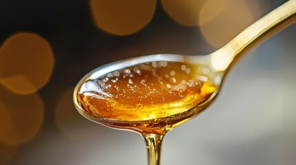 Golden Honey Dripping from Spoon with Blurred Background Sparkle