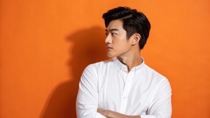 Handsome man in business casual attire smiling confidently in a studio, looking serious yet stylish with a confident expression and well-groomed hair