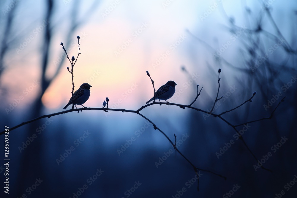 Poster sparrows perched quietly on a slender branch during a tranquil spring evening, sparrows sit on a thi