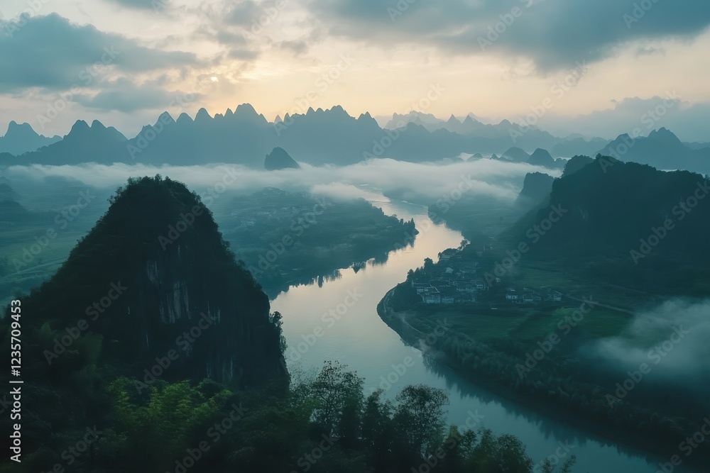 Poster timelapse captures stunning clouds flowing over mountains and river at sunset, time-lapse of beautif
