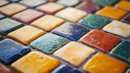 Naklejka premium Colorful Mosaic Tiles Close-Up with Vibrant Patterns and Texture