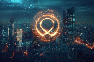 Digital representation of an infinity sign and padlock symbolizing data security in an urban landscape, infinity sign and padlock with data processing over cityscape