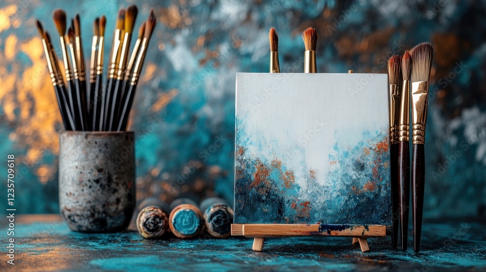 Poster artistic workspace featuring paintbrushes and a canvas with abstract design, showcasing creativity