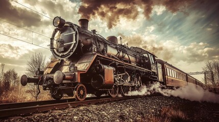 Obraz premium Vintage Steam Locomotive Moving Along Scenic Railway Tracks