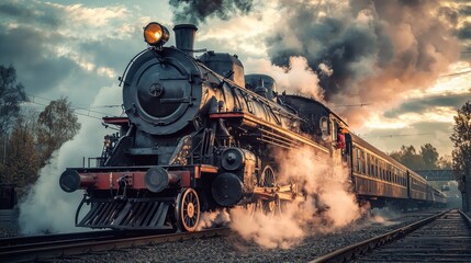 Obraz premium Vintage Steam Locomotive Chugging Through Scenic Landscape