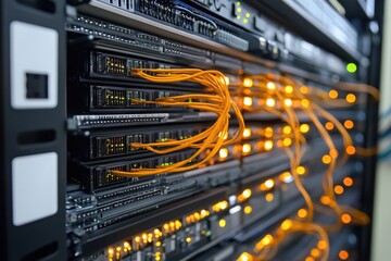 Network connections illuminate server room infrastructure with vibrant cables, network of connections over server room