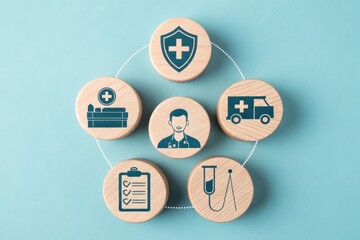 Healthcare Medical Icons on Wooden Blocks, Blue Background