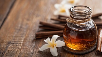 Honey Jar with Cinnamon Sticks and Flowers on Wooden Table