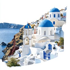 Stunning Santorini Cliffside Village with Iconic Blue Dome Churches and Breathtaking Sea View