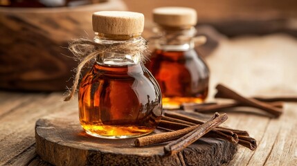 Aromatic Cinnamon Syrup in Glass Bottles on Rustic Wooden Surface