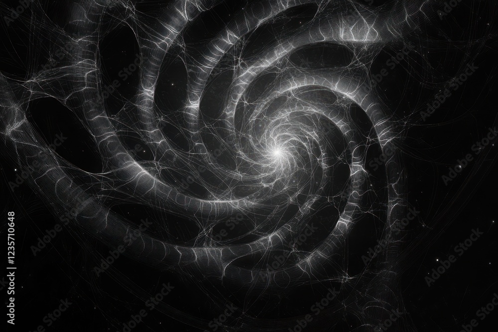 Poster Intricate spirals and network connections form a captivating design on a dark backdrop, spirals and network of connections on black background