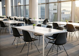 White-tabled, black-chair conference room; business-focused interior.