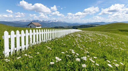 White fence, daisy field, mountain view, summer day, idyllic landscape