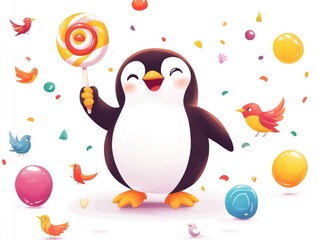 Naklejka premium Happy penguin lollipop confetti party birds