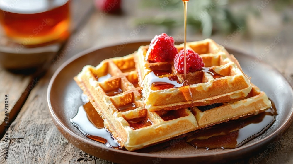 Poster freshly made waffles with berries and maple syrup on rustic table