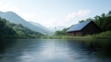 Fototapeta premium Tranquil Cabin by Lake with Mountains and Wind Turbine