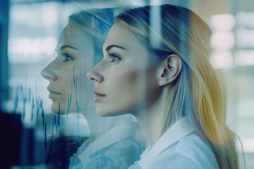 Caucasian businesswoman analyzing financial data and market trends in a modern office environment, financial data processing over caucasian businesswoman in office