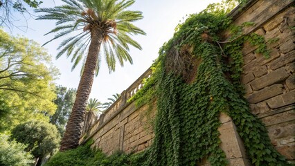Fototapeta premium Vines climb weathered stone, a palm stands tall, nature's beauty.