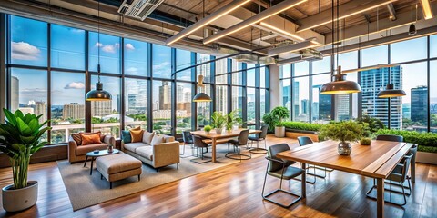 Naklejka premium Urban interiors, big windows, showcasing cityscapes.