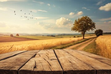 A wooden table in a rural landscape with a fence, a grassy field, and a scenic sky