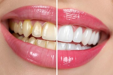Before and after comparison showcasing the remarkable results of a teeth whitening treatment. A vibrant, healthy smile is revealed, radiating confidence and beauty. 