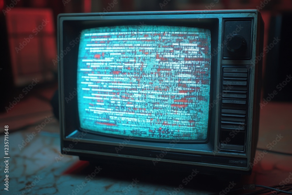 Aufkleber vintage television displaying static signal in retro setting with atmospheric lighting, static video