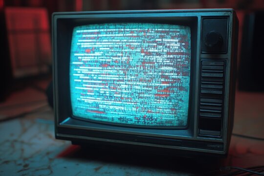 Vintage television displaying static signal in retro setting with atmospheric lighting, Static video signal on a tv screen, vhs archival old blank footage