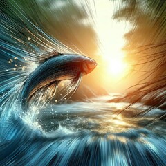 Illustrate a fish jumping in a creek at dawn with dynamic lines