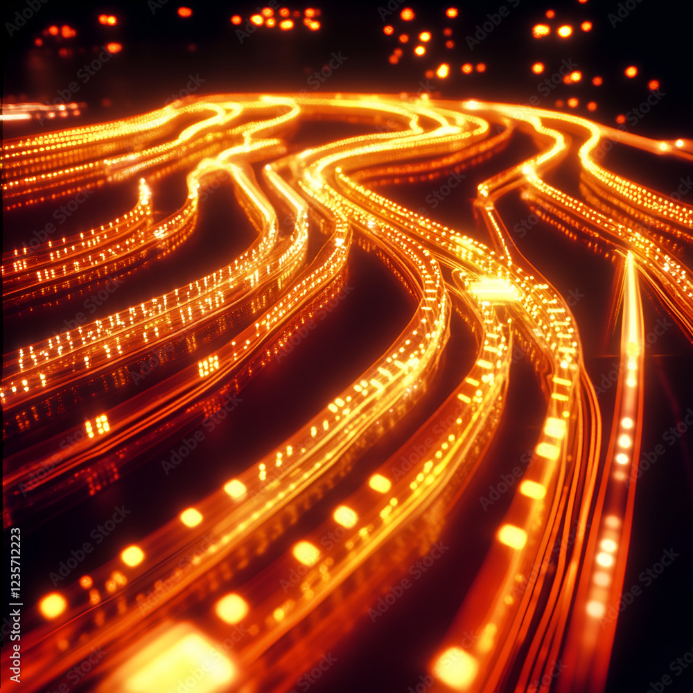Poster illuminating data streams: an artistic portrayal of data streams, visualized as glowing lines naviga