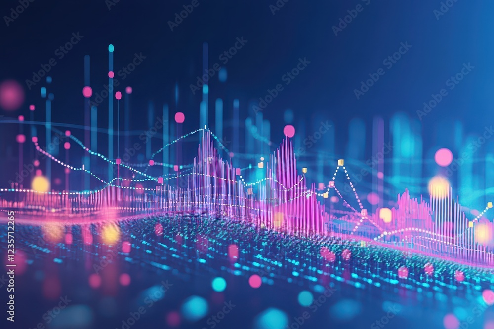 Poster digital data visualization showcasing movement and flow in a vibrant backdrop, digital data moving o