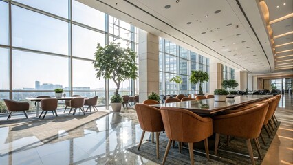 Spacious, bright business meeting area. AI-generated macro shot.