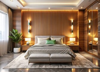 Fototapeta premium Sophisticated modern bedroom with luxurious Carrara marble and wood accents.