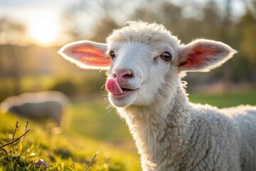 A charming lamb with a fluffy white coat and pink ears playfully sticks out its tongue in a close-up shot.