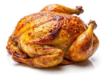 Roasted chicken macro, white backdrop.  Flavorful, golden-brown bird.