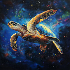 Obraz premium Turtle Swimming in a Cosmic Night Sky 