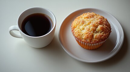A freshly baked muffin beside a steaming cup of coffee on a simple white plate, evoking a cozy morning