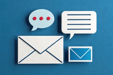 A stylized arrangement of paper cut-out icons representing email, messages and chat, against a rich blue background.