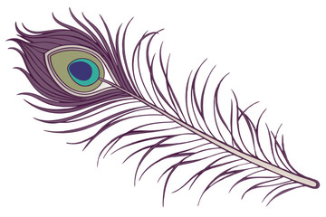 Photorealistic peacock feather, intricate detail, iridescent colors, purple plume, green and blue eyespot, golden brown accents, single feather, white background, high contrast, macro photography, stu